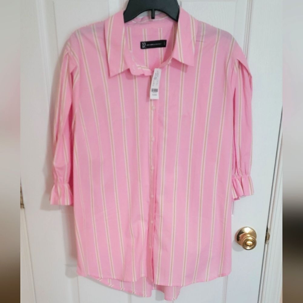 New York & Company Pink Striped Button-Up Shirt Size XL